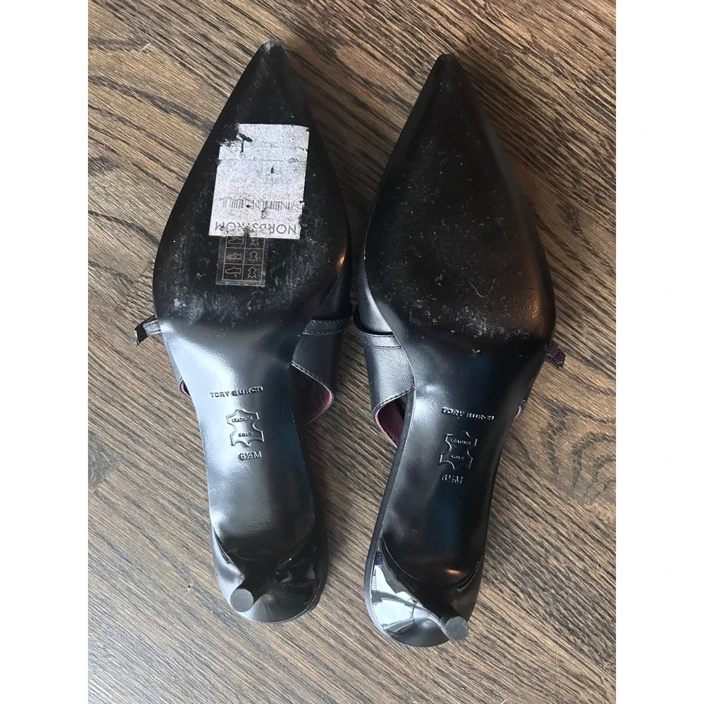 Tory Burch Black Leather Slingback Kitten Heel Pointed Toe Pump Logo 6.5M 8913